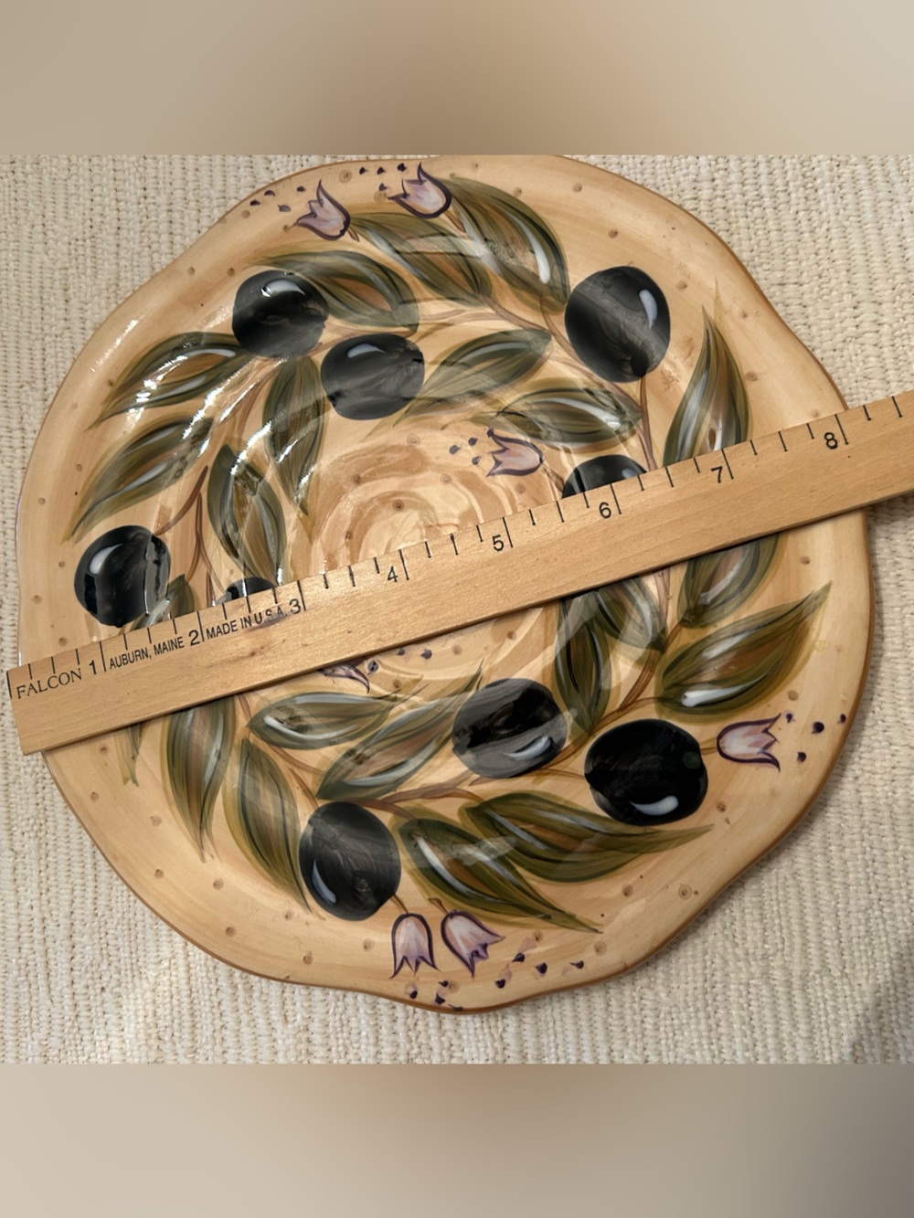 Hand-Painted Olive Wreath Ceramic Serving Plate in Beige/Black/Green. Versatile!